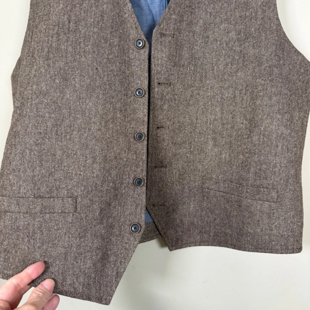 Blue Pronto Uomo Brown Tweed Welt Pocket Vest Waistcoat Office Preppy